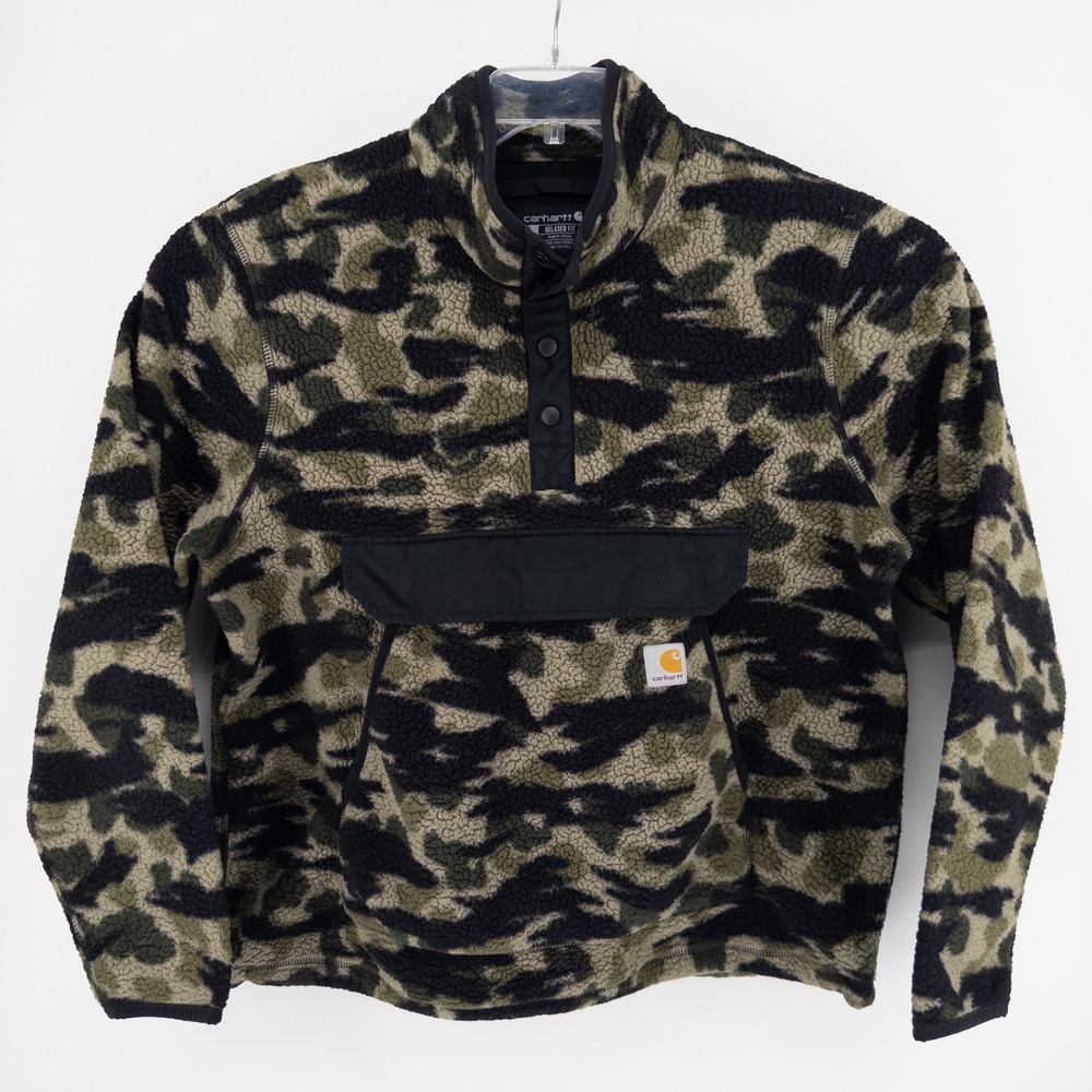 Carhartt Mens Large Fleece Snap Front Jacket Camo Relaxed Fit 104991-M Anorak - Picture 1 of 6